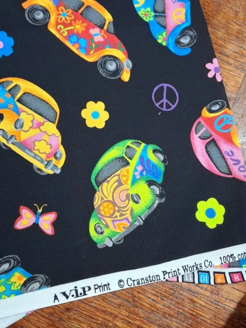 VIP Cranston Colorful Love Bugs Cars VW Beetles on Black -2.4 yards x 44
